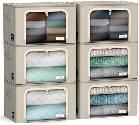 Sorbus Clothes Storage Bins with Metal Frame, Clear Window (6 Pack, Beige) by Sorbus