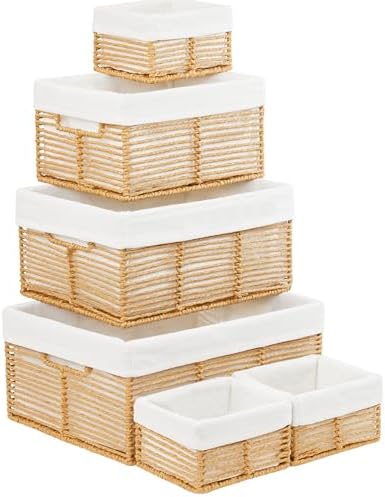 Vagusicc Wicker Storage Basket, 6 Pack Baskets for Organizing, Wicker Baskets with Handle, Rectangular Woven Basket for Storage Shelves, Cube Storage Bins for Closet/Clothes/Dresser, Natural by Vagusicc