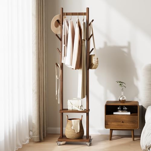 Yoobure Solid Wood Coat Rack Freestanding - Rolling Clothes Rack with 8 Hooks & Shelves, Small Clothing Rack with Wheels, Heavy Duty Clothing Racks for Hanging Clothes, Portable Hall Tree for Entryway by Yoobure