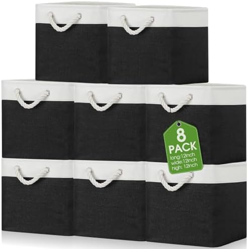 meekoo 8 Pack Fabric Storage Bins Baskets, 12 x 12 x 12 in, Black White by meekoo