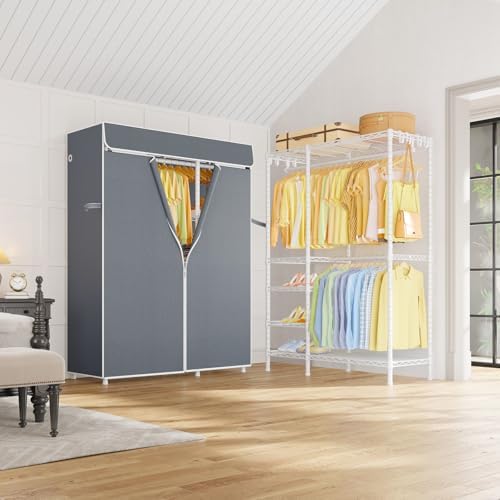 ULIFHOME F2C Clothes Rack with Cover, White Closet with Gray Cover - Image 6