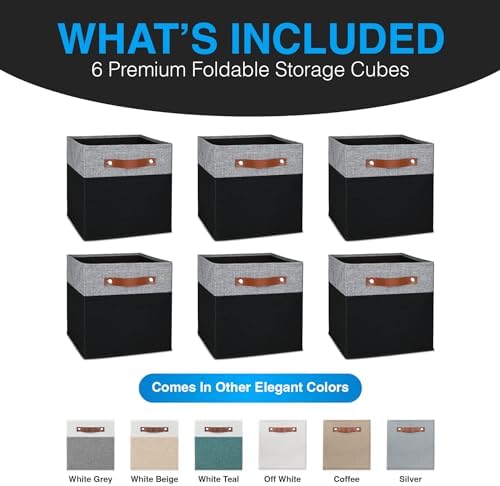 13x13 Storage Cubes - 6 Pack - Linen Fabric 13 Inch Cube Storage Bins for Bedroom, Living Room, Clothes and Toys; Foldable, Dual Leather Handles - Image 2