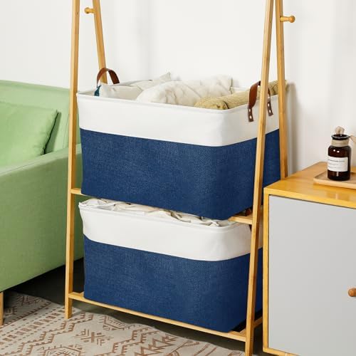 DULLEMELO 2-Pack Extra Large Blanket Basket Fabric Storage Baskets with Handles, Canvas Storage Baskets for Organizing Shelves Closet Toys Books, 22 x 15 x 13 inches(White&Blue) - Image 3