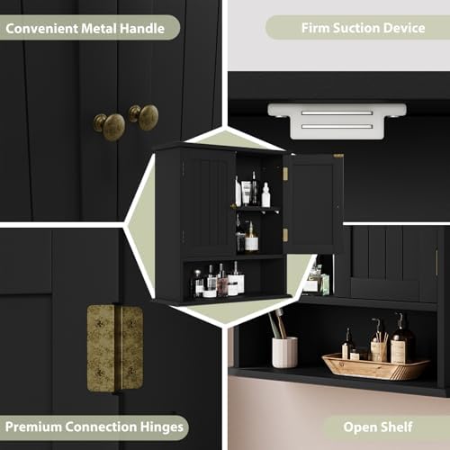 Smuxee Black Wall Cabinet, Small, 2-Door Medicine Cabinet with Adjustable Shelves, Over Toilet, For Kitchen and Laundry Rooms - Image 5