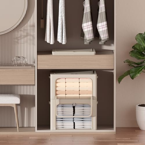 CYhom 3Pack Frame Storage Box - Clothes Storage Bin Bags Oxford Fabric Foldable Stackable Container Organizer Set with Clear Window & Carry Handles Large Capacity (Beige, Extra Large-100L) - Image 3