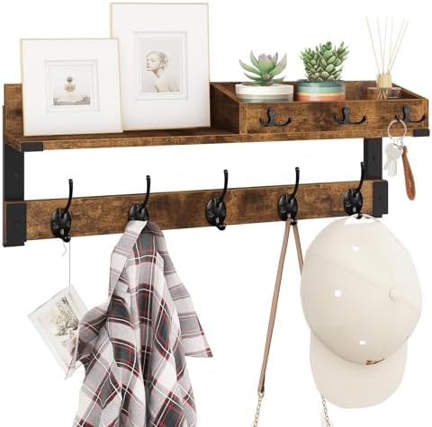 Homode Coat Rack with Shelf, Wall Shelf with Hooks, Rustic Brown Black by Homode