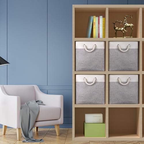 Univivi Foldable Storage Basket Fabric 13 inch Cube Storage Bins with Hard Bottom &Sturdy Handles Storage Cube for Shelf Closet Home (Grey , 4-Pack) - Image 6