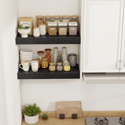 Acovy 24 Inch Floating Shelves, 12" Deep Floating Shelf Wall Mounted, 24" Wall Shelves, Rustic Deep Bookshelf, Extra Deeper & Thicker Display Shelves for Bedroom, Living Room, Black, Set of 2 - Image 2