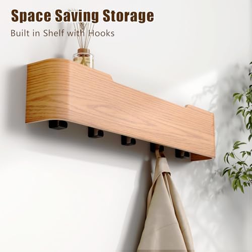 Coat Rack Wall Mount with Hidden Hooks, Wall Hooks with Shelf, Wall Key Holder Mount Wooden Shelf Entryway Hooks for Bedroom Bathroom for Hanging Coats Hats Bags Towels (Oak, 5 Hooks) - Image 2