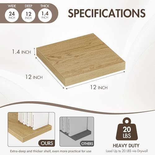 Acovy 12 Inch Floating Shelves, 12" Deep Floating Shelf Wall Mounted, 12" Wall Shelves, Rustic Deep Bookshelf, Extra Deeper Display Shelves & Storage Shelves for Bedroom, Living Room, Set of 3 - Image 4