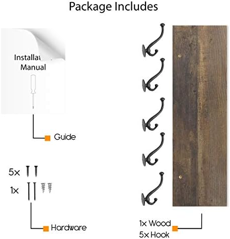 Rustic State Takki Wall Mount Mudroom Entryway Organizer Farmhouse Wood Coat Rack with 5 Cast Iron Double Hooks Walnut 30 Inches Long - Image 4