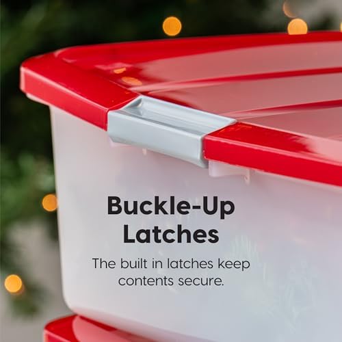 IRIS USA 33 Quart Christmas Wreath Storage Container Box with Lid, 3-Pack, Stackable Under Bed Storage Organizer Bin with Latching Buckles for 20" Wreaths Christmas Decorations Garlands, Clear/Red - Image 6