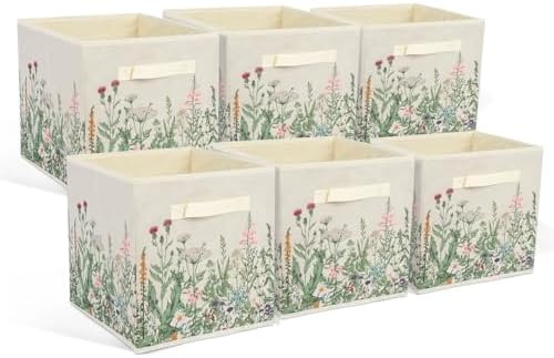 6 Pcs Wild Floral Cube Storage Bins 12.5 Inch Flower Storage Basket with Handle, Beige Collapsible Fabric Box for Classroom Bedrooms Office Home Decoration - Image 7