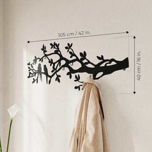 Tree Branch Coat Rack Wall Mount, 5 Hooks – Heavy Duty Metal, Birds on Tree Branch Wall Art & Functional Entryway Organizer, Wall Mounted Hanger for Living Room, Bathroom, Bedroom, Home Décor, 41x16" - Image 2