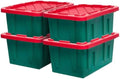 HOMZ 4-Pack Durabilt Tote, Heavy Duty Plastic Storage Bins with Lids, 15 Gallon, Green/Red - Stackable Organizing Containers for Home, Garage, and Office by Homz
