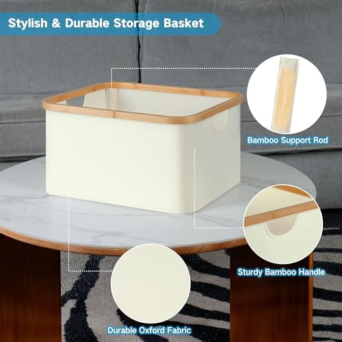 efluky Storage Baskets for Organizing, Fabric Storage Bins with Bamboo Handles, Collapsible Storage Baskets for Shelves and Closet (Beige, 16.2'' x 13'' x 9.1'') - Image 5