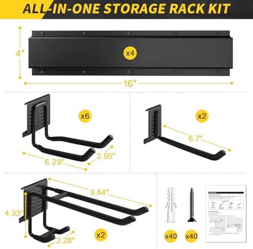 64 Inches Garage Storage, UUP Garage Organization Wall Mount Garden Tool Organizer, 620lbs Adjustable Metal Hooks, Yard Shed Rail Rack, Lawn Tool Holder for Hanging Rake Broom Mop Snowboard, Home Gift - Image 5