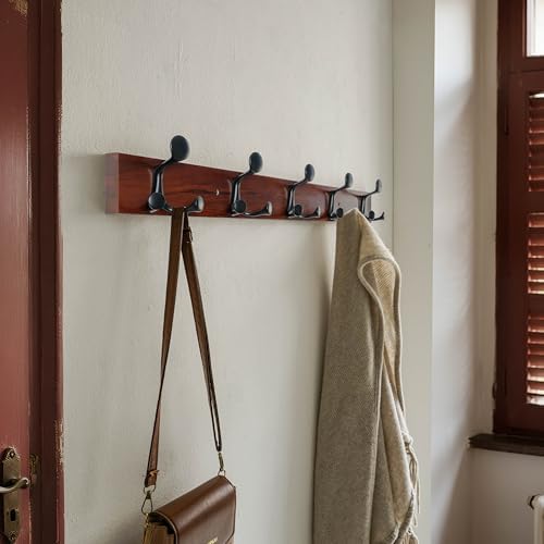 SKOLOO 30-Inch Cherry Wood Coat Rack Wall Mount with 5 Triple Hooks - Ideal for Family Entrances, Classrooms, and Pet Supplies Storage - Perfect Coat Hooks for Wall - Image 2