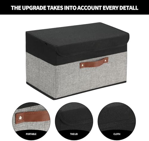SAMORADREA 8 Pack Linen Foldable Storage Box Containers Fabric Bins with Lids Storage Baskets for Shelves Drawers, Desktop, Closet, Classroom, Office, Bedroom, Home, Garage (Black&Grey) - Image 3