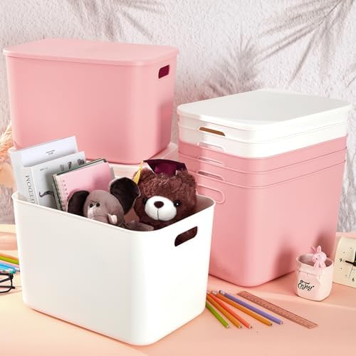 Hoolerry 8 Pieces Storage Bins, 14.2 x 10.2 x 9.5 Inch, White and Pink - Image 4