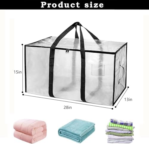 12 Pack-Extra Large Heavy Duty Moving Bags - Waterproof Storage Totes with Handles & Zippers, Foldable for College Dorm, Storage (Clear) - Image 2