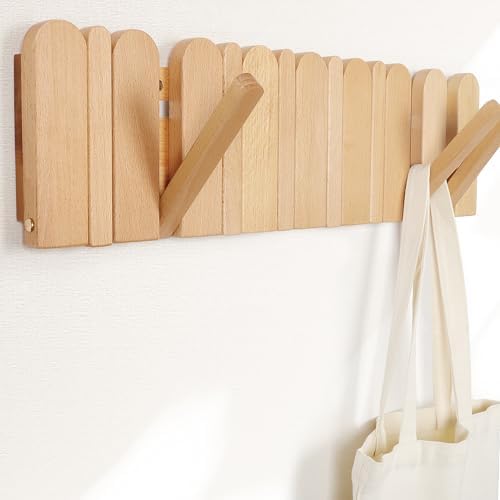 Wall Coat Rack for Entryway: Folding Wood Modern Heavy Duty 8 Hooks by KYIAANY