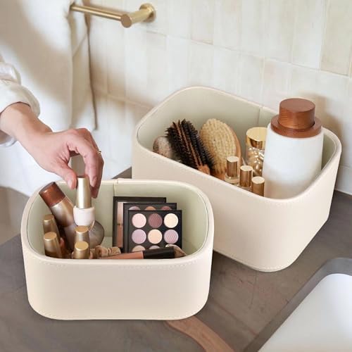 HofferRuffer Faux Leather Storage Baskets Bins with Velvet Lining for Organizing, Storage, Gifts, Set of 3 Nesting Shelf Baskets Decorative Storage Boxes for Home Organization (Cream White) - Image 6