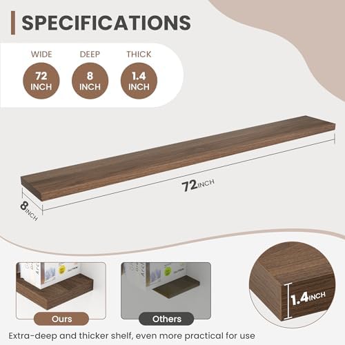 Acovy 72 Inch Floating Shelves, 8 Inch Deep Floating Shelves for Wall, Hanging Shelf with Invisible Brackets, Deep Shelves for Bathroom, Bedroom, Living Room, Walnut, Set of 2 - Image 3