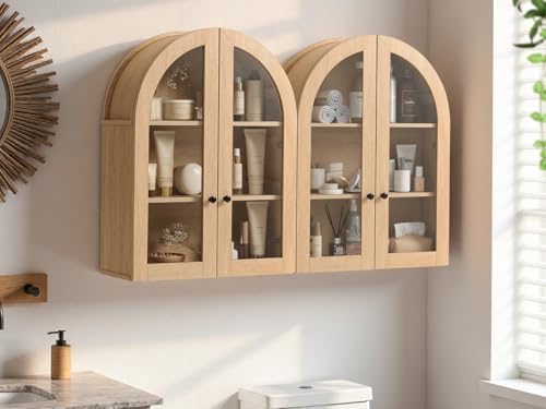Bathroom Arched Wall Cabinet, 23.5'' Wide Medicine Cabinet, Bathroom Cabinet Wall Mount W/ Glass Doors & Adjustable Shelves, Over The Toilet Storage Cabinet for Laundry Room, Bedroom,Kitchen,Natural - Image 3