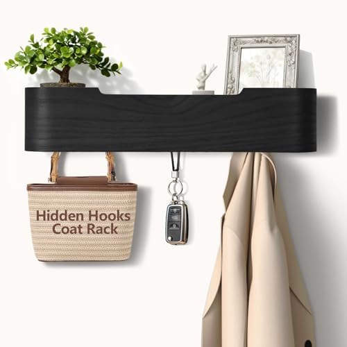 Coat Rack Wall Mount with Shelf 4 Hidden Hooks Modern Wooden Key Holder Entryway Organizer for Hallway Bedroom Bathroom Home Decor Storage for Hanging Coats Hats Bags Towels, Black by Jadoxy