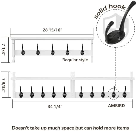 AMBIRD 34.2" L Wooden Wall Coat Hooks with Shelf - Versatile and Decorative Wall-Mounted Storage - 10 Hooks for Hanging Coats, Hats, Keys, Bags, Scarves - Ideal for Entryways, Bedrooms, Closets(White) - Image 5