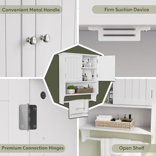 Smuxee White Bathroom Cabinet Wall Mounted with Towels Bar, Bathroom Medicine Cabinet with 2 Door Adjustable Shelves, Over Toilet Cabinet for Bathroom Laundry Room Kitchen - Image 5