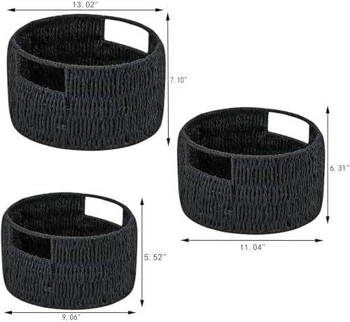 Vagusicc Wicker Storage Basket, Hand-Woven Paper Rope Large Round Woven Basket With Handles, Wicker Baskets for Organizing/Storage, Black, 3-Pack - Image 2