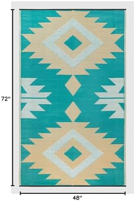 FH Home Outdoor Rug - Waterproof, Fade Resistant, Reversible - Premium Recycled Plastic - Geometric - Patio, Deck, Porch, Balcony - Bursa Kilim - Teal Crease Free - 4 x 6 ft - Image 2