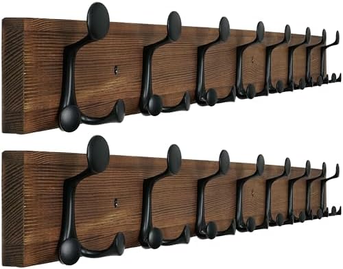 WEBI Coat Rack Wall Mount,43" Solid Wood Coat Hooks Wall Mounted Coat Hanger,16" Hole to Hole,Heavy Duty Hook Rack,8 Triple Hooks for Hanging Coats,Jacket,Hat,Backpack,Farmhouse,Brown,2 Packs by WEBI