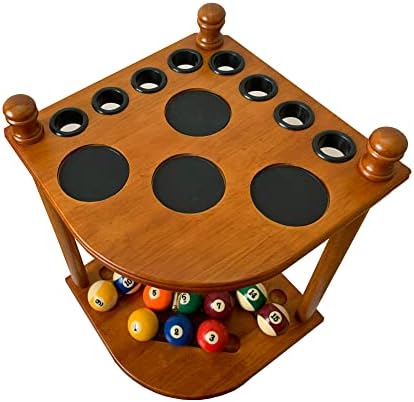Floor Pool Cue Rack Hold 8 Cue Sticks & Billiard Accessories. Corner Stand Pool Cue Holder Made of 100% Solid Hardwood. Provided Ball Rack Hook. CUE RACK ONLY (Classic Oak) - Image 2