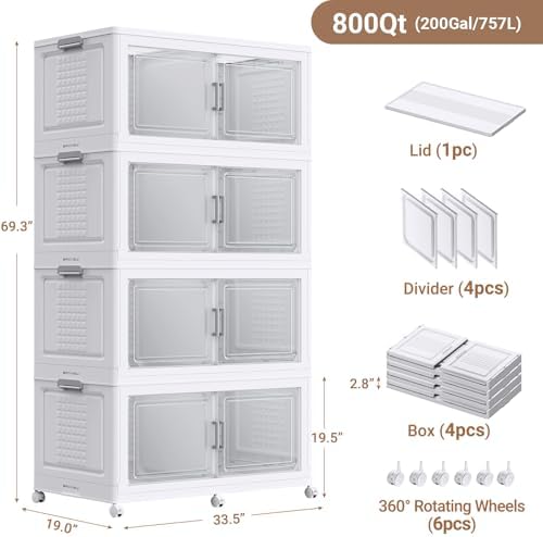 BROVIEW 800 Qt Stackable Storage Bins Foldable Cabinet, V40 White 4-Pack - Image 2