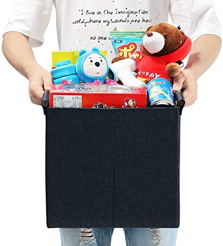 HOONEX Collapsible Storage Bins, 12x12x12in Storage Cubes Linen Fabric, 3 Pack, Storage Baskets with Wooden Carry Handles and Sturdy Heavy Cardboard, for Home, Office, Car, Nursery, Dark Grey - Image 3