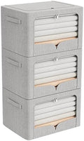 FHSQX 3 Pack Clothes Storage Bins Foldable Metal Frame Storage Box Extra Large Stackable Linen Fabric Organizer Set with Carrying Handles and Clear Window (Light Gray, 23.6x16.5x15.7inch(100L)) by FHSQX