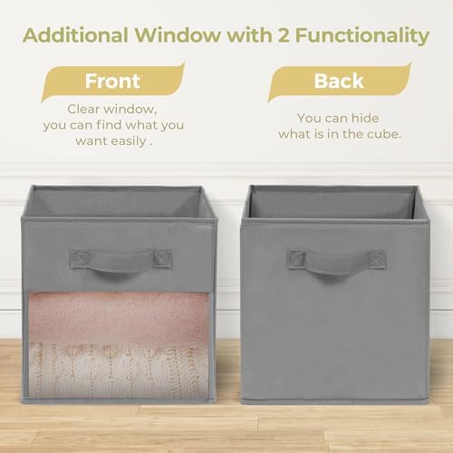 Storage Bins with Clear Window, 13x13 Storage Cubes, Collapsible Cube Storage Box, Fabric Closet Organizers with Handles for Home, Office, Shelf, Closets, Living Room, Grey, 12 Pack - Image 2