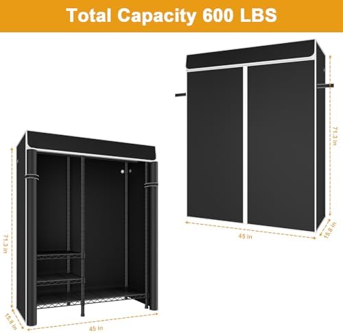 Ulif F4C Heavy Duty Clothes Rack with Dustproof Cover，Freestanding Clothing Racks for Hanging Clothes，Adjustable Closet Organizer System，Portable Garment Rack 45"W*15.8"D*71.3"H，Max Load 600LBS，Black - Image 2