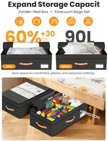 TOSKING 2-Pack Under Bed Storage Drawers with Wheels, 6 Vacuum Bags, Adjustable Height 7.9-10.2", Large 90L/80 lbs Clear Lid, 900D Oxford, Space Saver for Dorm Bedroom, Blankets, Clothes, Shoes, Black - Image 5