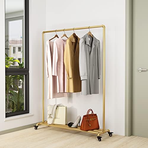 Industrial Gold Clothing Racks on Wheels, Boutique Display Gold Clothes Rack with Shelf, Rolling Garment Rack for Retail Use - Image 2