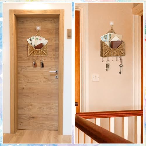 Gerrii Wicker Key Holder for Wall Rattan Mail Shape Holder with 5 Hooks - Image 5