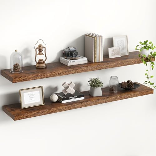 Acovy 48 Inch Floating Shelves, 8 Inch Deep Floating Shelves for Wall, Hanging Shelf with Invisible Brackets, Deep Shelves for Bathroom, Bedroom, Living Room, Brown, Set of 2 by Acovy