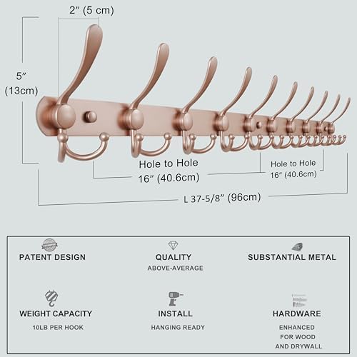 Dseap Coat Rack Wall Mount - 38” Long 10-Tri-Hooks Heavy Duty Coat Hanger Rail Wall Hooks for Hanging Coats Hats Clothing Clothes Purse Mudroom Entryway, Rose Gold, Pack of 2 - Image 6