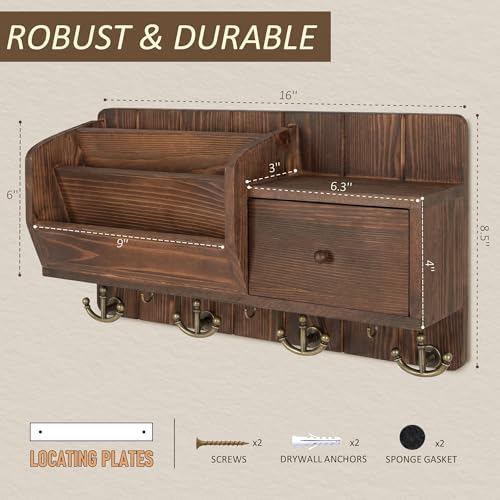 Rebee Vision Pine Wood Key Holder Wall Mount with Mail Sorter, Retro Brown - Image 2
