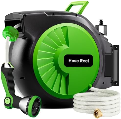 Retractable Garden Hose Reel 66FT x 1/2 in, Wall Mount Water Hose Reel for Outside with Auto Rewind, Tangle-Free Guide, 180° Swivel Bracket, Lock at Any Length, High-Pressure Flow, 10-Pattern Nozzle by Unknown
