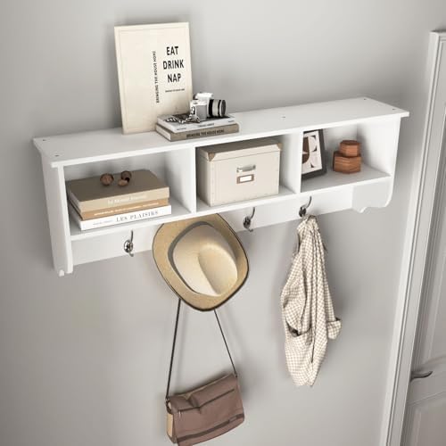 Wall Mounted Coat Rack with Shelf - Wall Hooks with Shelf, Entryway Hanging Shelf with 4 Dual Hooks for Clothes Hats Towel Purse Robes, Bathroom Mudroom Bedroom - 39"x8"x14" (White) - Image 3