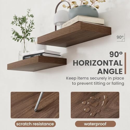 Acovy 72 Inch Floating Shelves, 8 Inch Deep Floating Shelves for Wall, Hanging Shelf with Invisible Brackets, Deep Shelves for Bathroom, Bedroom, Living Room, Walnut, Set of 2 - Image 5